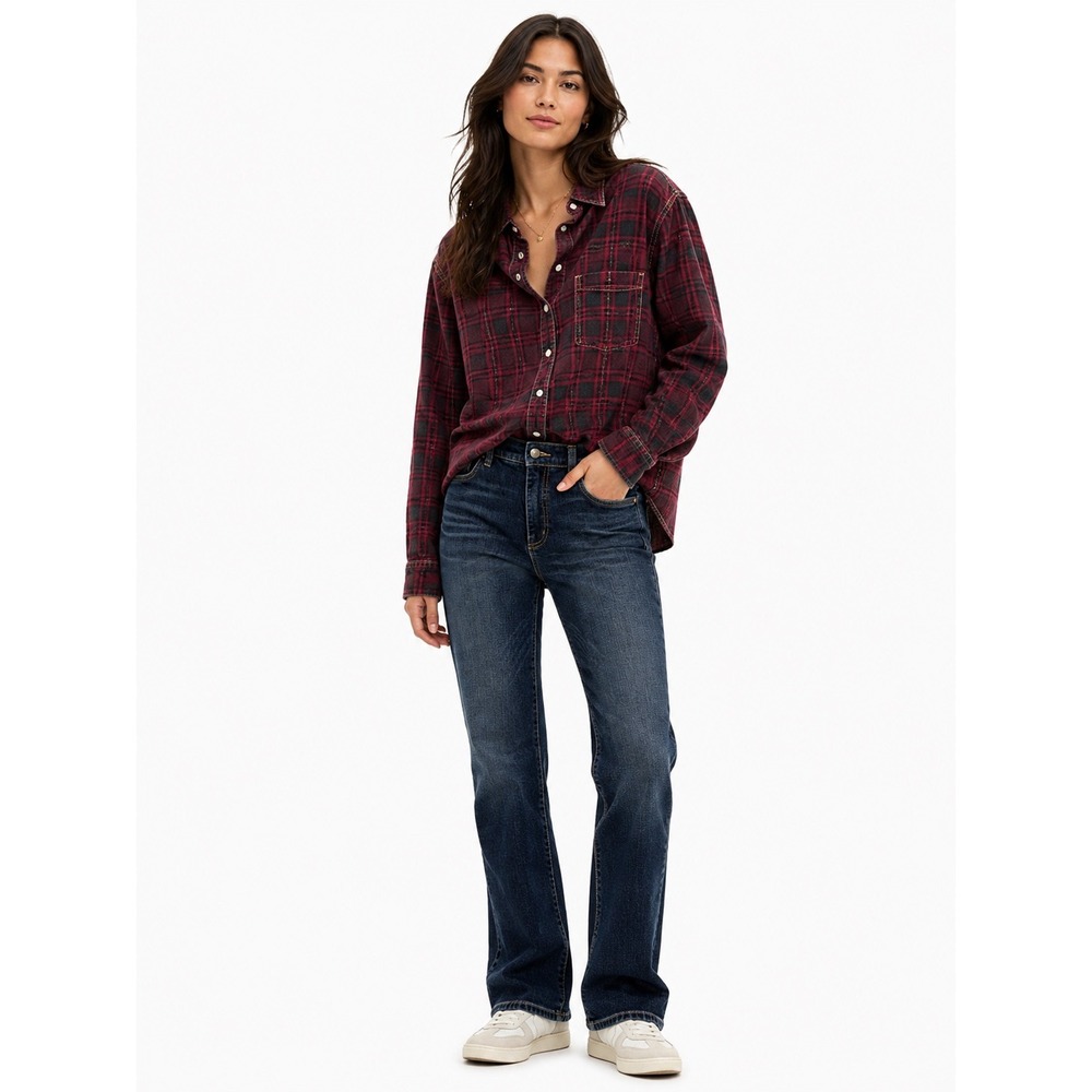 LL Bean Signature Flannel Lined Jean Women 10 Blue Straight Leg Plaid Warm Denim